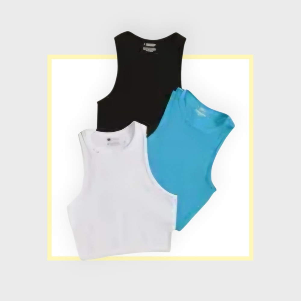 Black, Blue, and White Sleeveless Tops